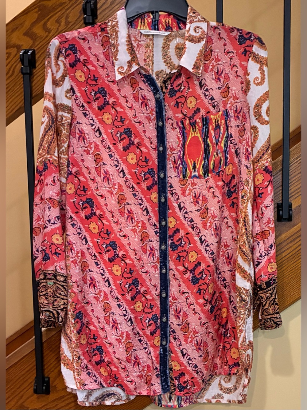 Soft Surroundings Bryn Tunic Tab Sleeve Velvet Detailing Pocket Multi SZ. PXS